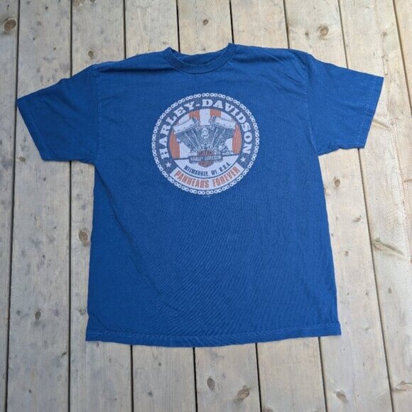 Harley Davidson Men's Blue Panheads Forever Graphic Print Pullover T-Shirt - Picture 1 of 6